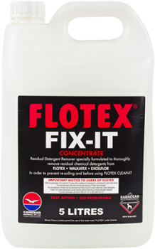 Bottle of Flotex Fix It, a chemical cleaning product offered by Duplex Cleaning Machines.
