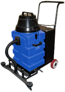The Batvac 50, showcasing its capabilities as a versatile wet and dry industrial vacuum cleaner, equipped with a wide vacuum path and battery-powered operation.