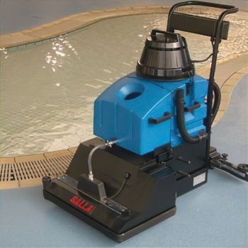 The Duplex industrial floor machine is cleaning the walkway at a swimming pool.