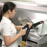 Image showcasing the use of Duplex steam cleaning machines for fast and hygienic cleaning of various kitchen equipment.
