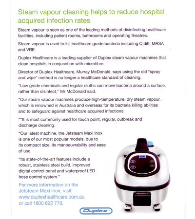 Steam vapour cleaning helps to reduce hospital acquired infection rates