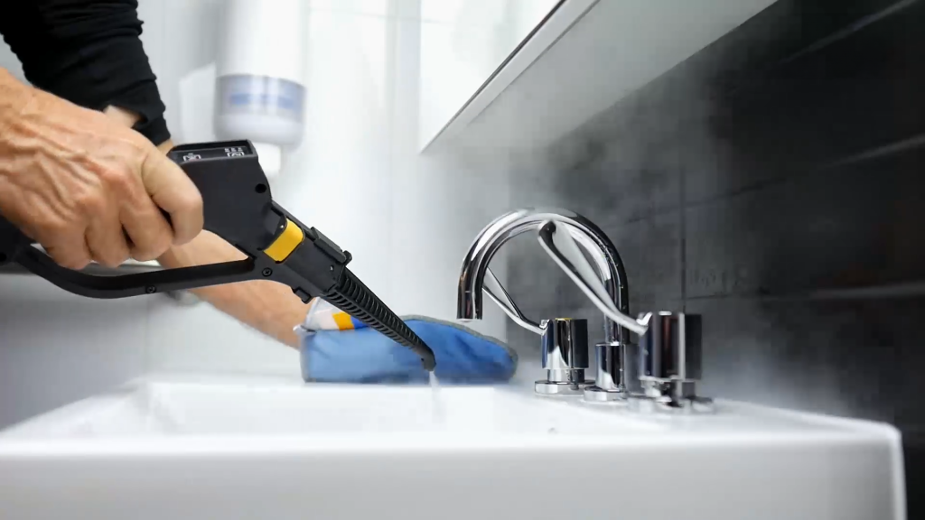 Photograph demonstrating Duplex's efficient cleaning technology for thoroughly cleaning a bathroom in less than four minutes.