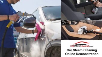 Car cleaning online demonstration, focusing on exterior and interior detailing with Duplex steam cleaning machines.
