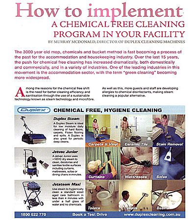 an article in exeutive housekeeper magazine, discusses the steps needed to implement a chemical-free cleaning program within aged care and facilities for the elderly