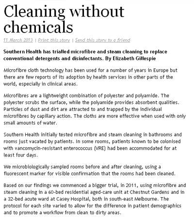 An article published in AgedCare InSite concerned with cleaning without chemicals- achieving outstanding results in a chemical-free cleaning environment