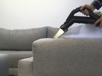 Image of a Duplex steam cleaner being used on a sofa to eliminate bed bugs without chemicals.
