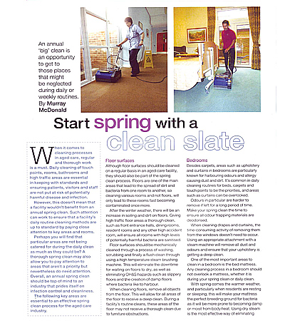 article in aged care magazine speaking about spring cleaning in elderly accommodation facilities