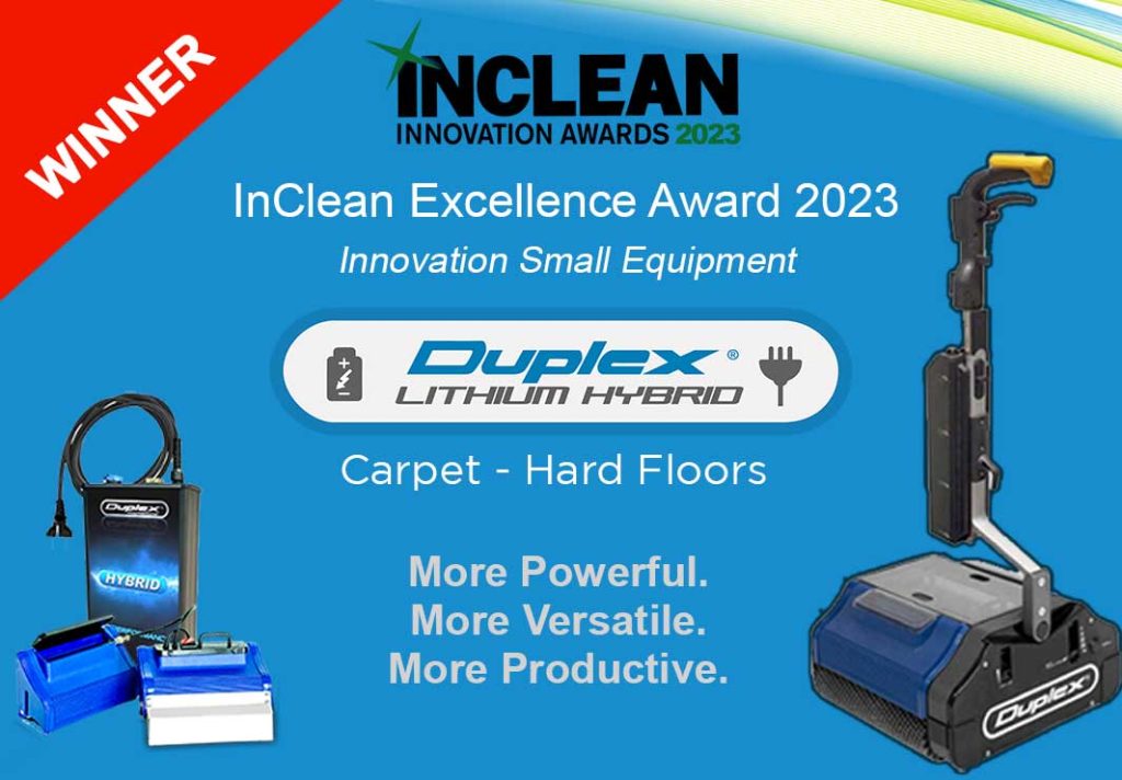 2023 image of Duplex Cleaning Machines being awarded at the ISSA Expo, showcasing industry acclaim for their innovative cleaning technology.