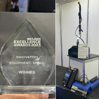 The Duplex Lithium Hybrid cordless commercial floor steam cleaning machine, awarded the INCLEAN Excellence Award 2023 trophy for innovation in small equipment at ISSA Oceania.