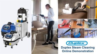 Duplex steam cleaning machines shown in an online demonstration for various cleaning applications.