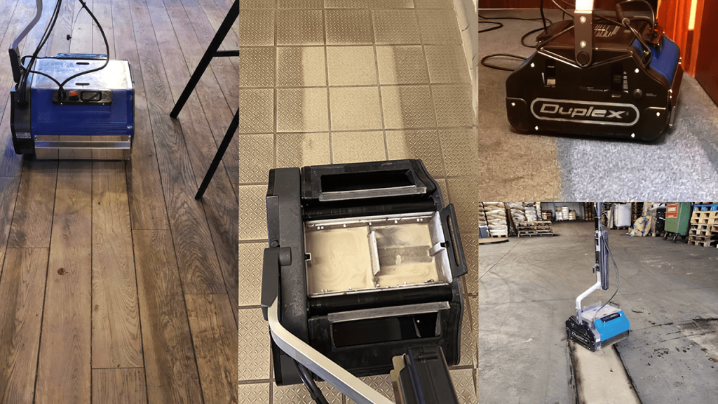 The image shows Duplex floor cleaning machines cleaning wooden floors, tile, vinyl and concrete surfaces.