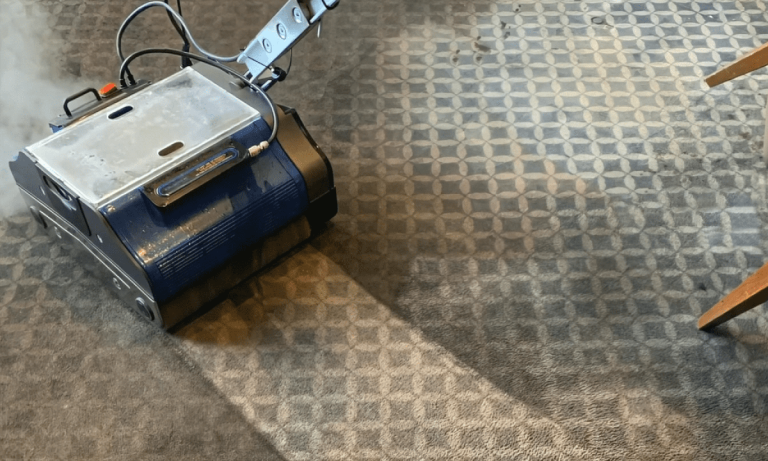 Duplex carpet cleaning machine removing embedded dirt from patterned commercial carpet