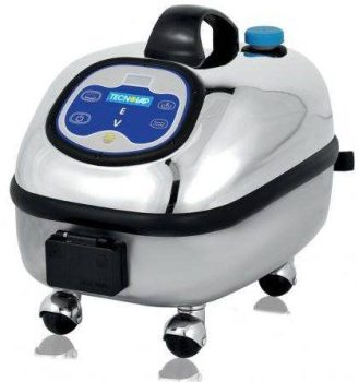 A commercial steam cleaner with stainless steel body.