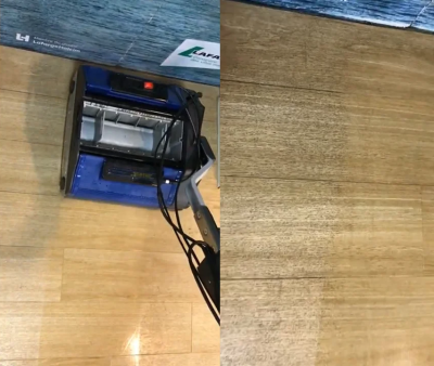 Duplex steam floor cleaning machine demonstrating before and after results on a vinyl floor surface.