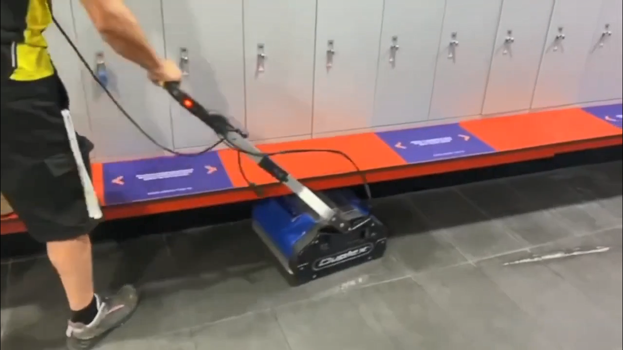 Video thumbnail showing Duplex machine cleaning rubber flooring in a gym locker room.