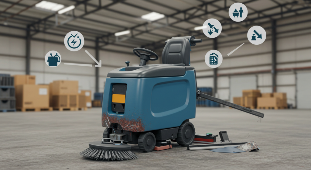 Image shows old commercial floor scrubber in warehouse